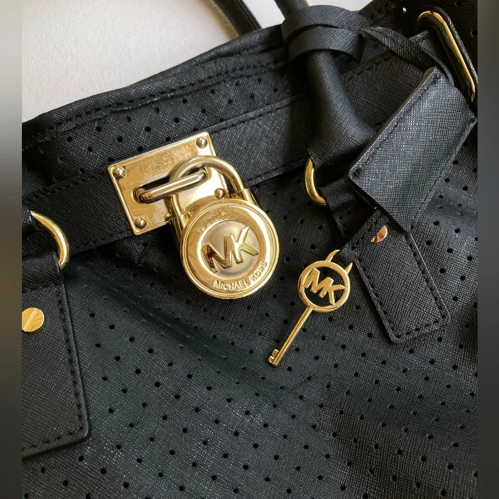 Michael Kors LARGE Black Leather Perforated Hamilton Tote Bag Gold Hardware